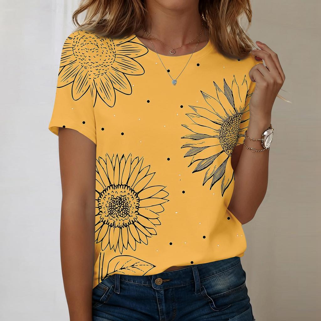 Women's Fashionable Casual Short-sleeved, Retro Printed Round-neck Top