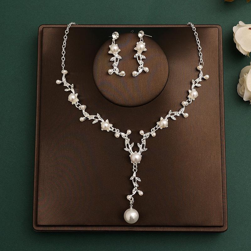 Korean Bridal Necklace & Earrings Set - Rhinestone & Pearl Wedding Accessories