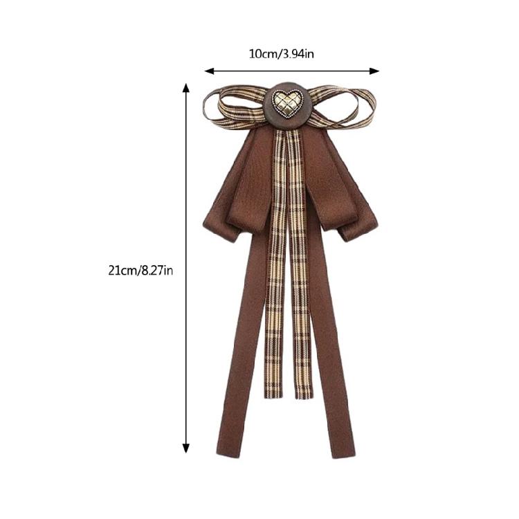 Vintage Brown Plaids Ribbon Pre Tied Bowtie Brooch Pin Women Corsage Shirt Jabot Collar Uniform Bowknot Necktie Clip