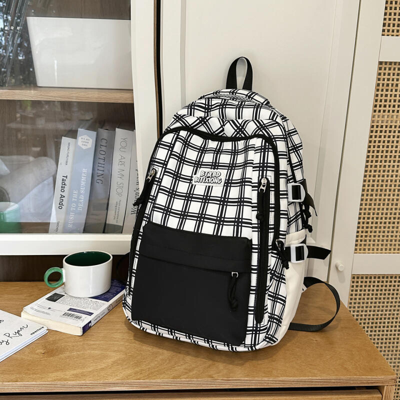 Trendy Plaid Nylon Backpack – Stylish & Durable School Bag for Women, Men, and Teens