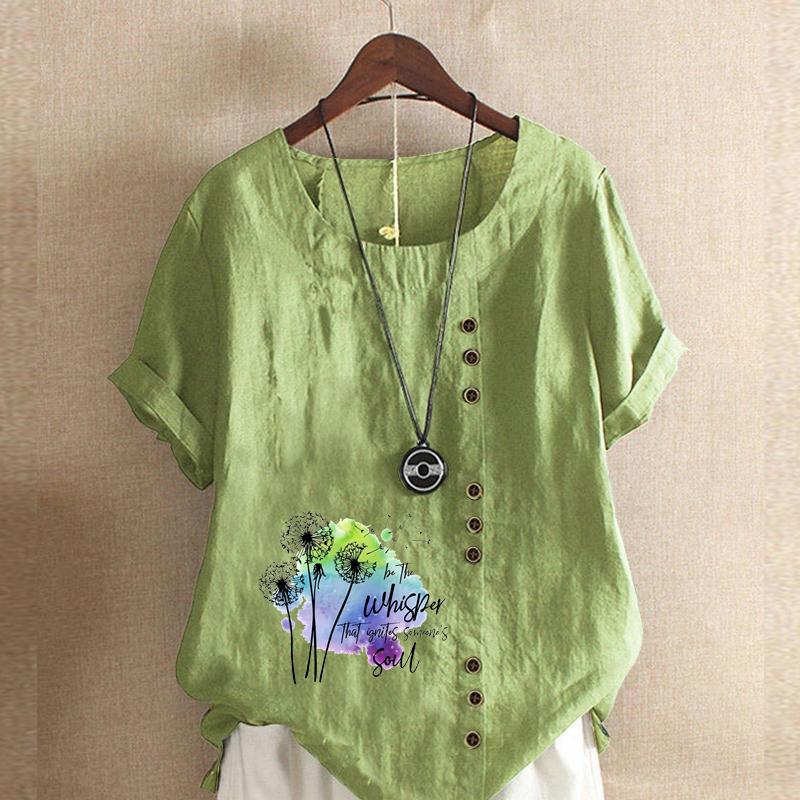 

Женская мода с коротким рукавом и принтом в виде букв одуванчика, свободная хлопковая рубашка, повседневная свободная летняя блузка, топы больших размеров 4XL зелёный