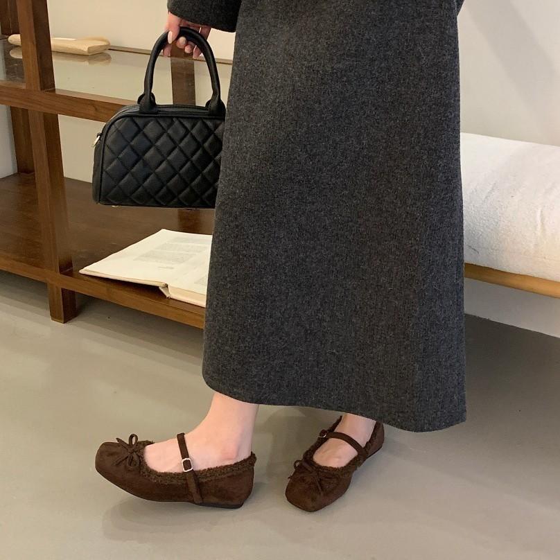 Internet Celebrity French Bow Warm Flat Bottom Fluffy Shoes Women Wear 2025 New Velvet Mary Jane Cotton Shoes