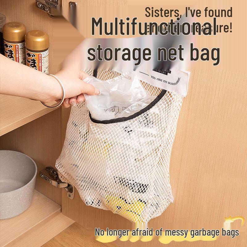 Wall-Mounted Kitchen Garbage Bag Storage: Large-Capacity, Multi-Functional Plastic Bag Organizer with Mesh Pocket for Cabinet Doors.