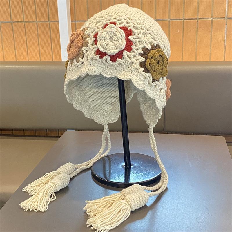 Handwoven double-layer flower wool hat women's autumn and winter warm versatile pullover hat travel fringed knitted hat