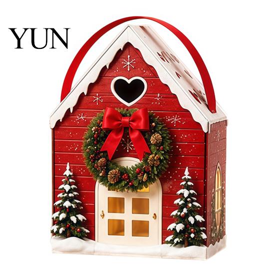 Festive Cabin Packaging Christmas Wonderland Cottage Gift Box, House Shaped Paper Treat Boxes, Holiday Snack Storage Boxes Holder with Handle
