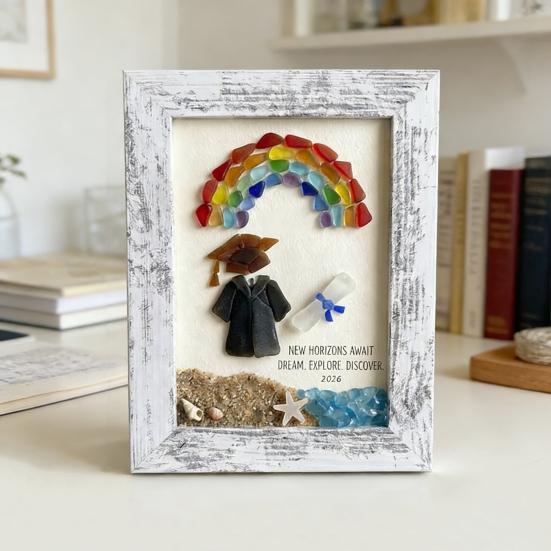 Sea Glass Graduation Art Class of 2026 Keepsake Gift Handmade Sea Glass Wall Art Frame Decor with Rainbow Gift for High School College Graduate