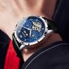 OLEVS Automatic Mechanical Watch with Leather Starry Sky Diamond Skeleton Popular Leather Date Luminous Blue Men's Strap, Dial, Design, Strap,