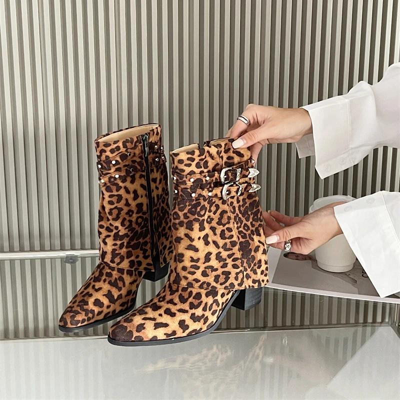 Fashion New Decorative Belt Buckle Leopard Print Low Heel Short Boots Autumn Winter Fashion Casual Commuting Women Ankle Boots Size35-43