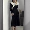 Temperament Retro French Splicing Ruffle Edge Dress Waist Black and White Contrasting Color Slim Dress