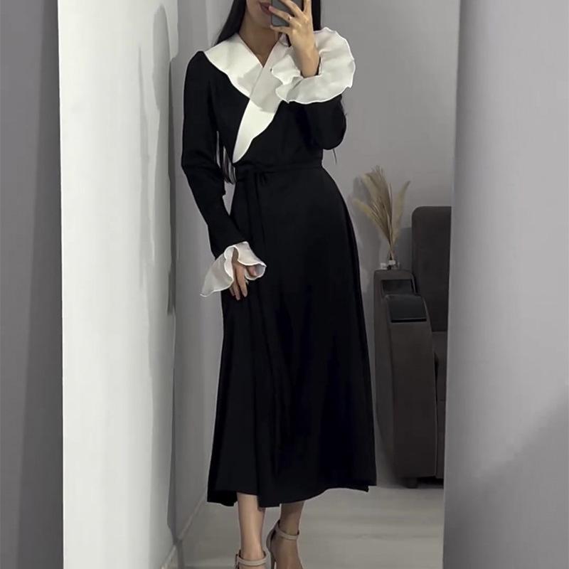 Temperament retro French splicing ruffle edge dress waist black and white contrasting color slim dress S