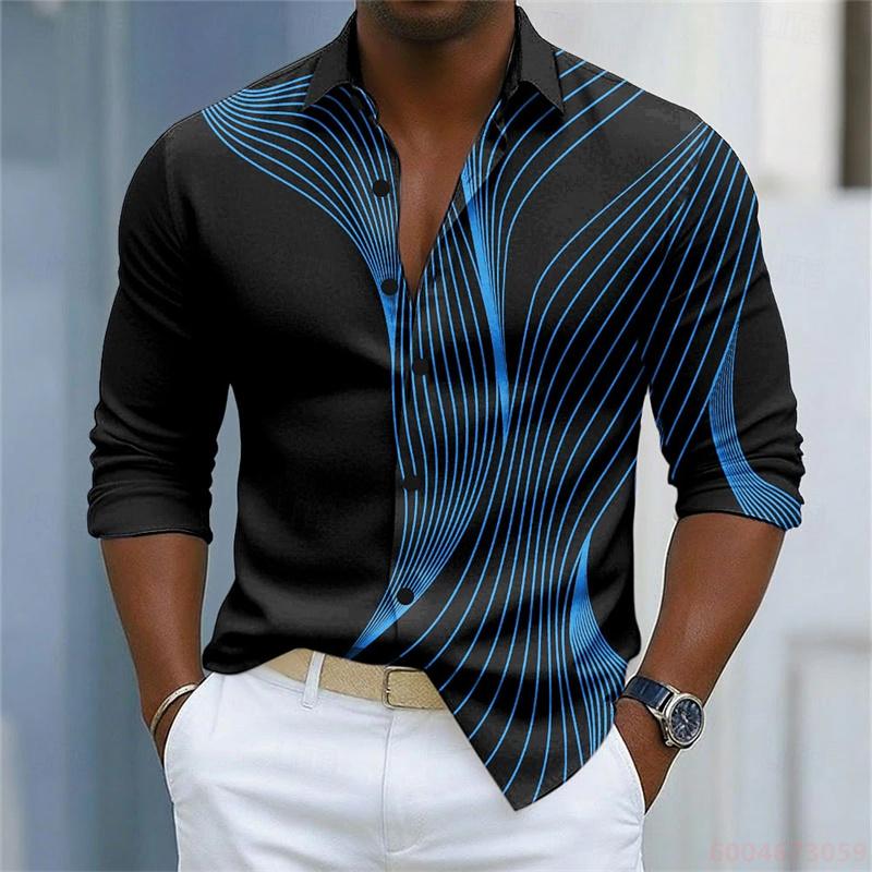 Men's Shirt with Simple Geometric Lines Printed in Contrasting Colors, Loose Long Sleeved Top, Daily Casual Versatile Shirt