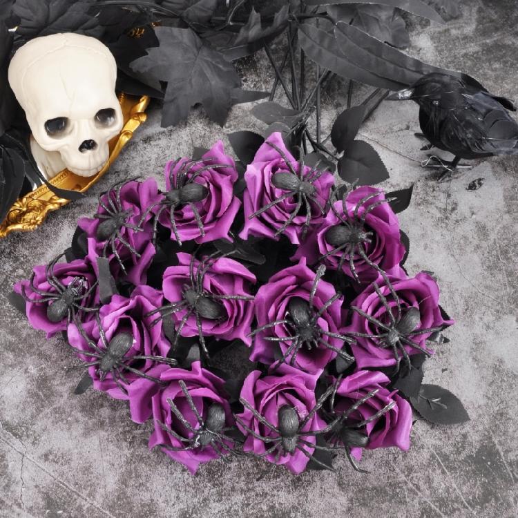 Gothics Black Spiders Artificial Rose Floral Stem For Themed Event Bendable Stalk Silk Flower For Eerie Decoration