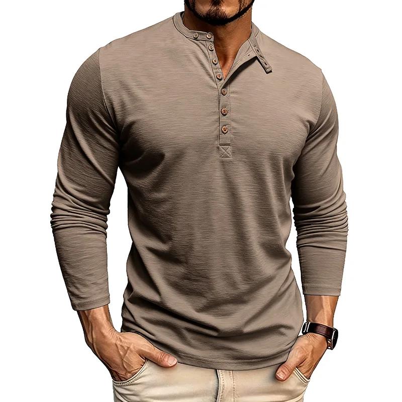 Mens Henley Collar Long Sleeve T-Shirts Solid Color Loose Fit Button Front Casual Daily Tshirts