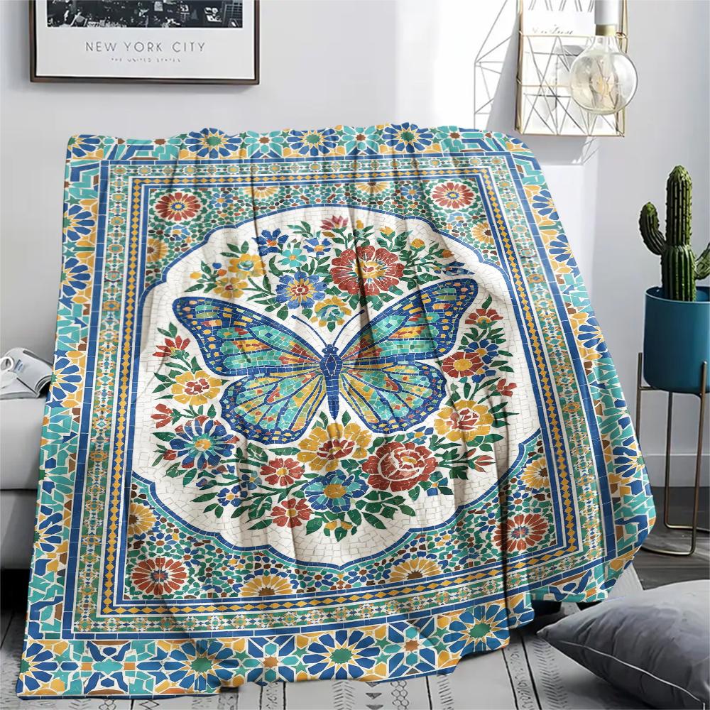 Moroccan Butterfly Print Flannel Blanket, High Quality Comfortable for All Seasons, Home Decor, Warmth and Comfort, Perfect for Christmas Gifts79