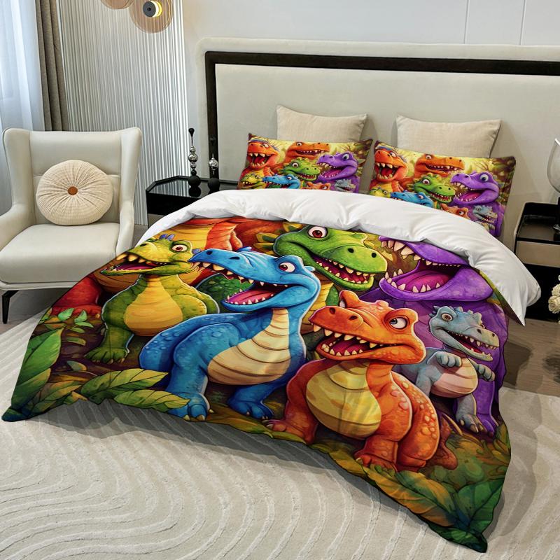3 pièces Housse de couette Dinosaure Coloré Dessin Animé Tissu de Literie Confortable Doux et Respirant Inclus (Housse de couette* 1+Taies d'oreiller*2)