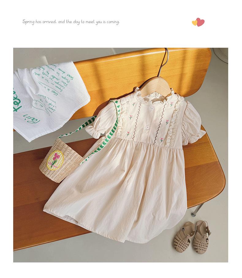 Korean Floral Embroidery Stand Collar Girls' Dress - Summer 2026 Cute Short Sleeve Skirt