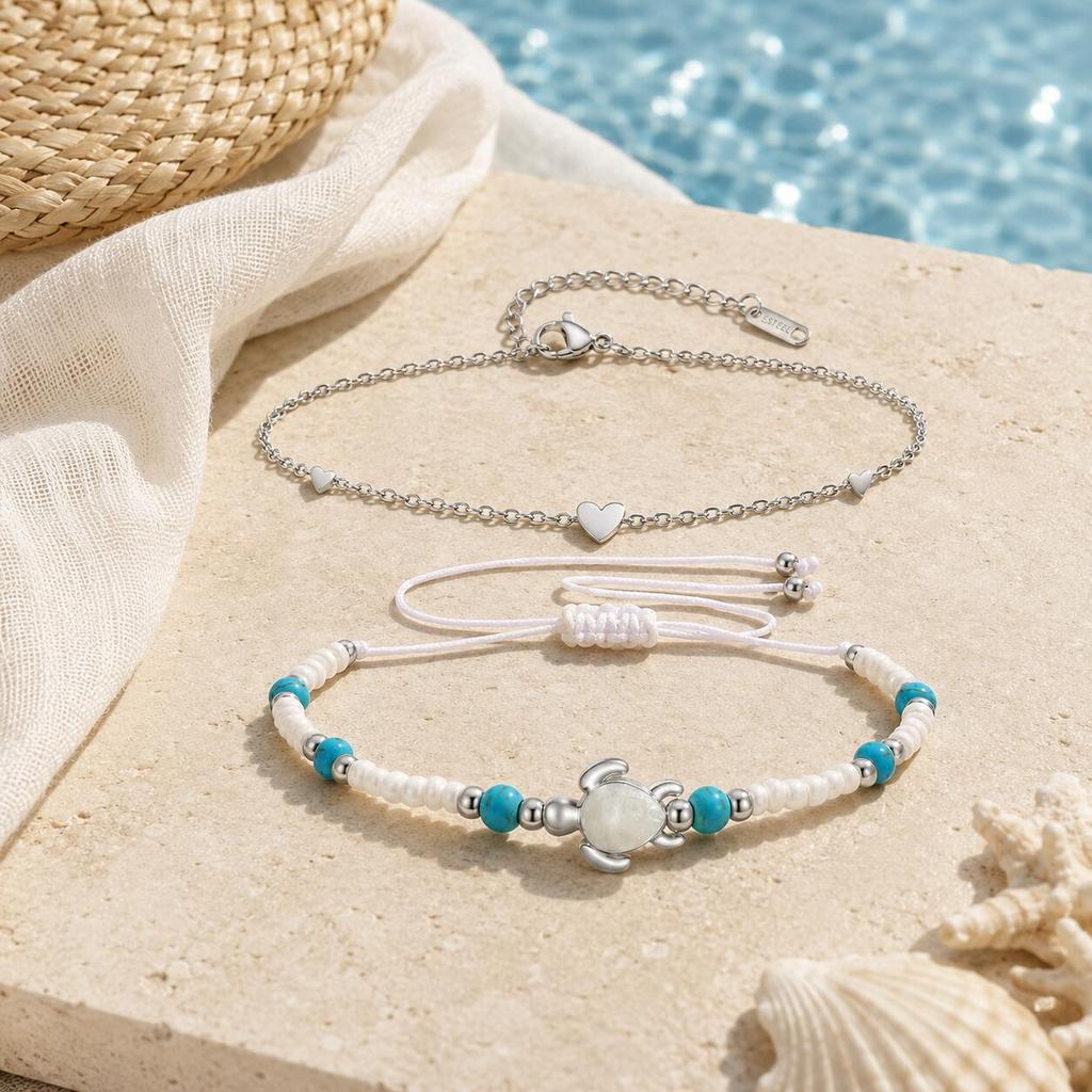 Heart Anklet Set for Women Stainless Steel Turtle Non-tarnish Waterproof Summer Beach Vacation Jewelry