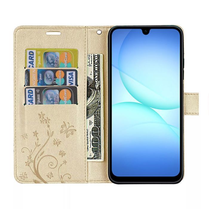 Coque de Protection - BOOLING - Samsung Galaxy A17 4G/5G - Cuir PU Floral Doré - 2 Verres Trempés