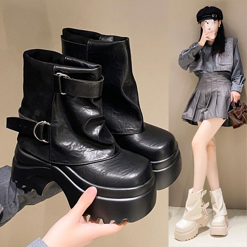 Black Martin boots women's 2025 autumn new retro stacking boots belt buckle thick-soled inner heightening trouser tube boots