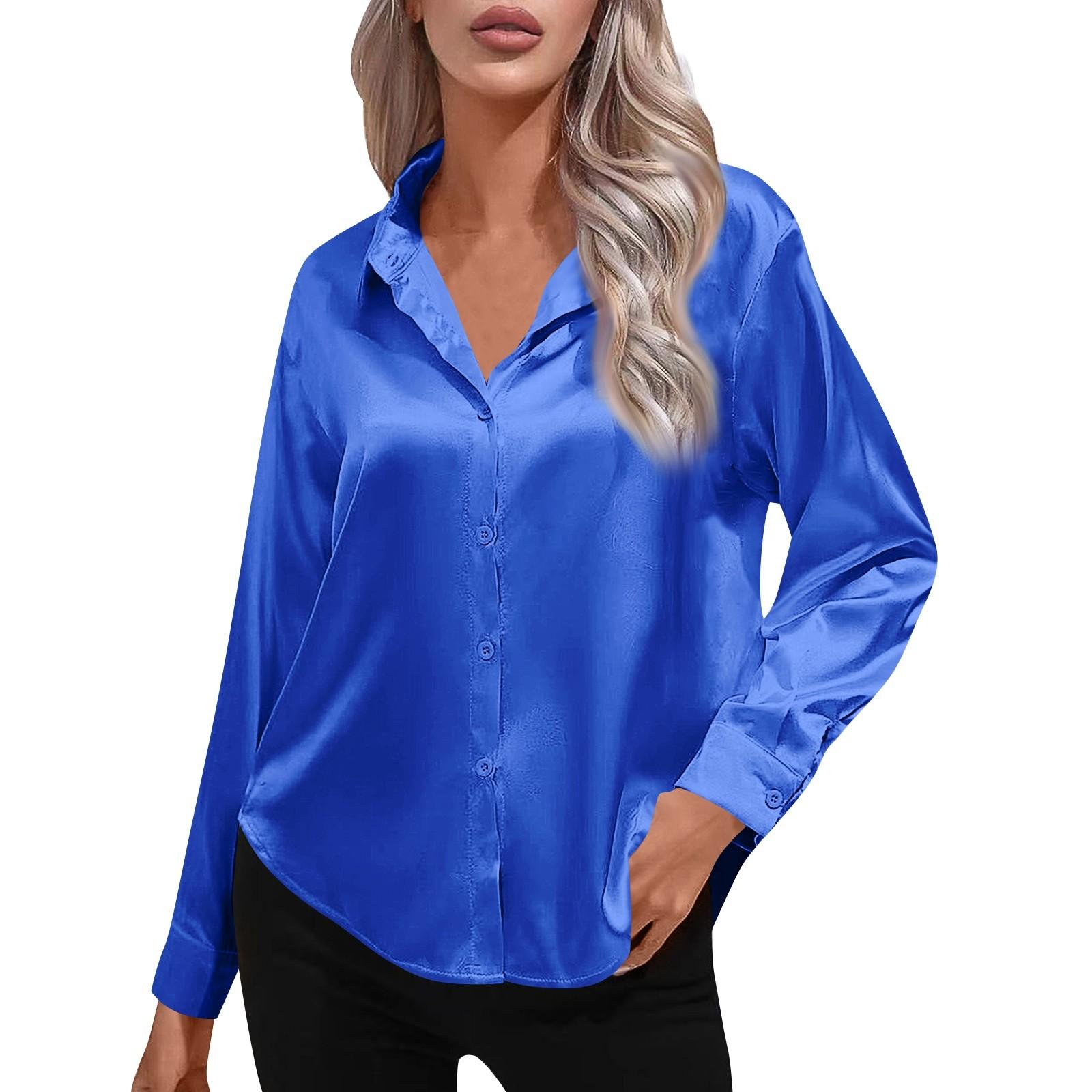 

Женская атласная рубашка из атласа с длинным рукавом из искусственного шелка, однотонная, элегантная рубашка с пуговицами спереди и лацканами S