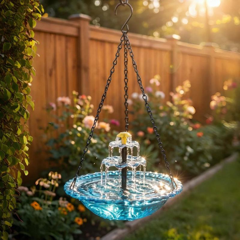 Solar Cascade Hanging Bird Bath Fountain for Bird Feeding and Bathing, Outdoor Garden Hummingbird Feeder Tray