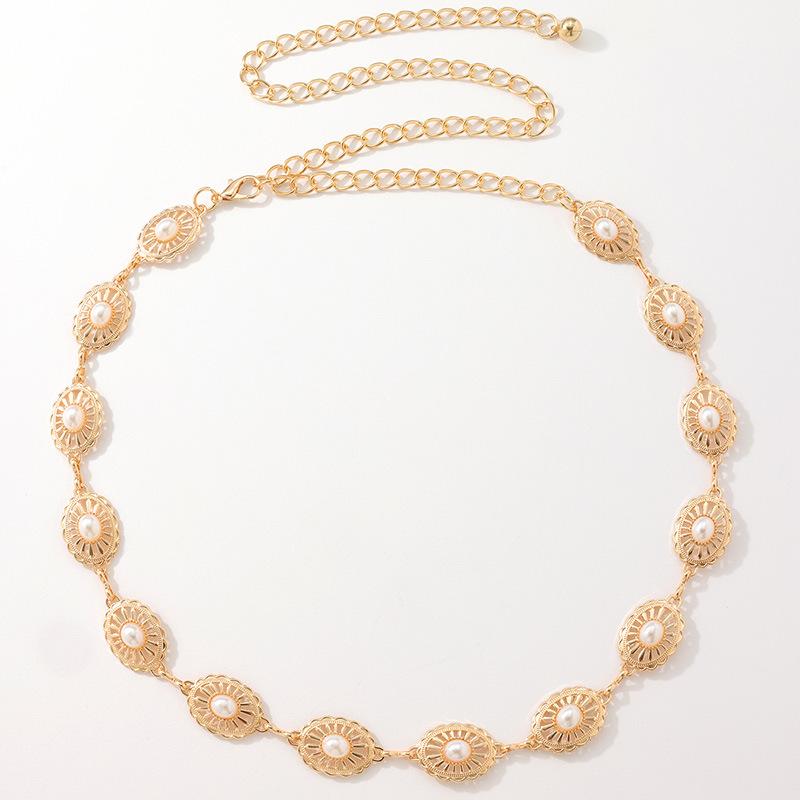 

Women s Hollow Turquoise Thin Metal Waist Chain Inlaid with Pearl Boho Women s Belt