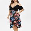 Women's High Waist Belly Concealing V-Neck Strapless Printed Plus Size Dress