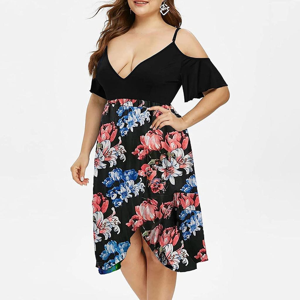 Women's High Waist Belly Concealing V-Neck Strapless Printed Plus Size Dress