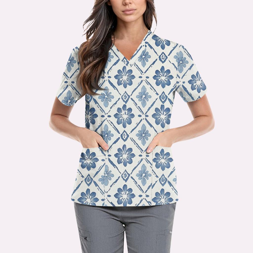 Süße bedruckte Arbeitskleidung für Damen, V-Ausschnitt, doppellagige Taschen, Basic, kurzärmeliges Oberteil, Pullover, Valentinstag