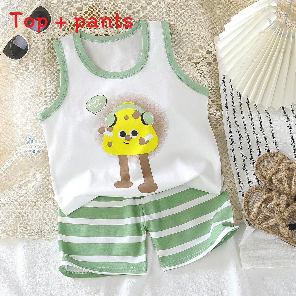 Baby Summer Cotton Sleeveless Shorts Set With Cartoon Prints For Toddler Boys And Girls