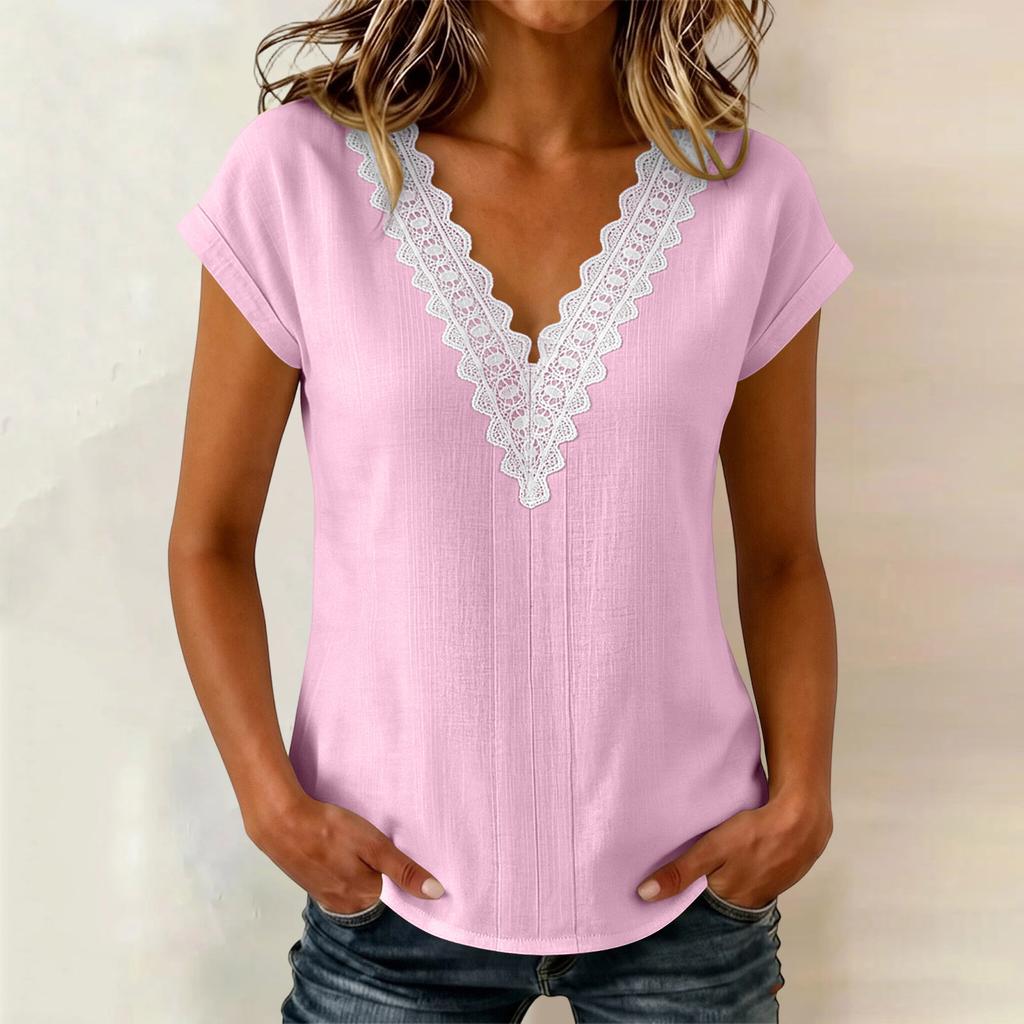 Women's V-Neck Lace Trim Pullover T-Shirt, Short Sleeve Casual Blouse for Daily Wear