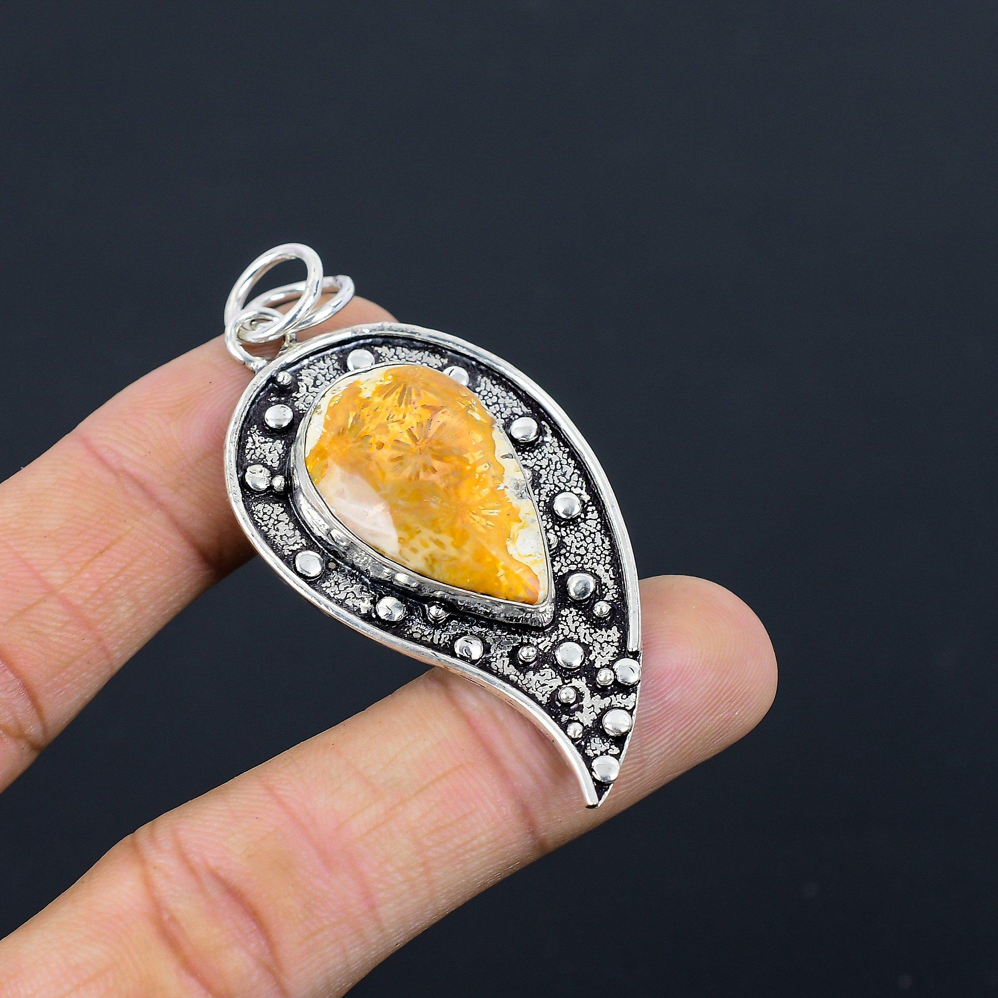 Mothers day Deal Fossil Coral Gemstone Sterling Silver Root Chakra New Pendant