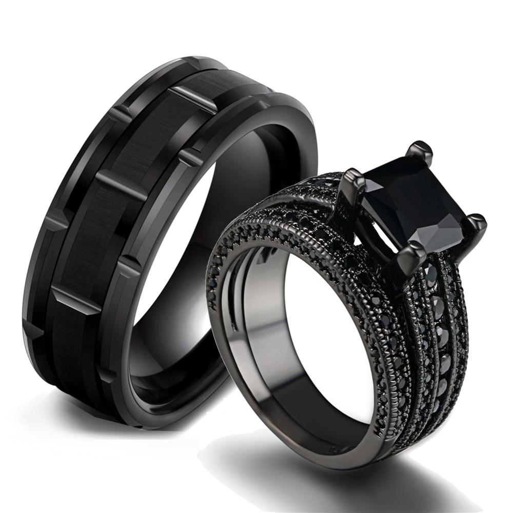 Fashion Couple Rings Romantic Women Black Rhinestones Zirconia Rings Set Simple Men Stainless Steel Ring Wedding Party Jewelry