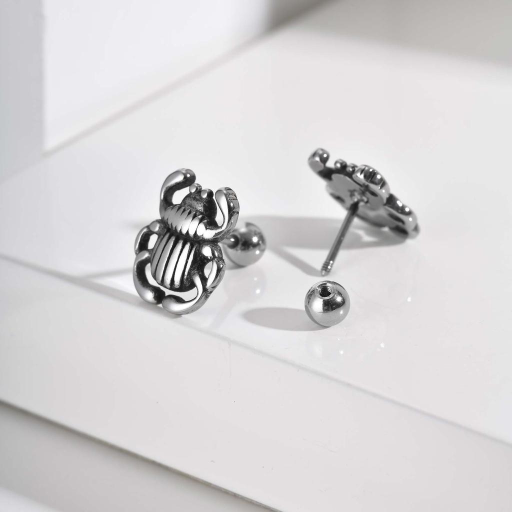 Creative Punk Stainless Steel Insect Beetle Stud Earrings for Men, Chic Silver Color Small Earrings, Trendy Party Jewelry Gift