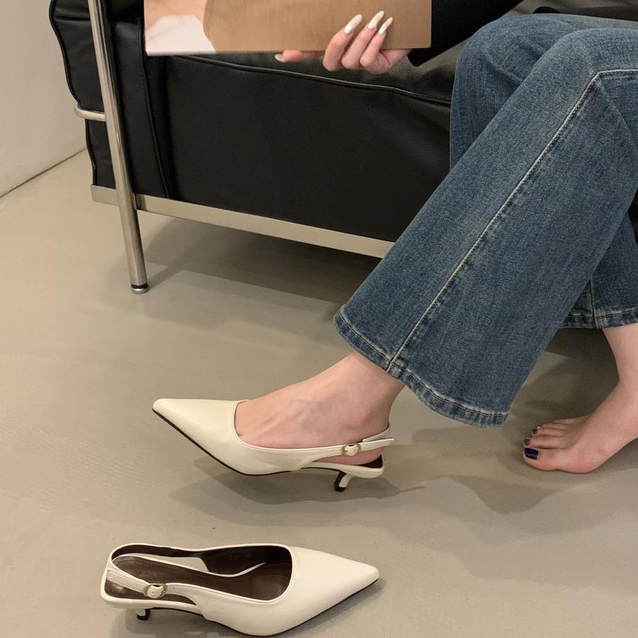 2025 spring and summer new women's shoes shallow mouth bag head thin heel empty sandals European and American medium and low heel shoes versatile bl