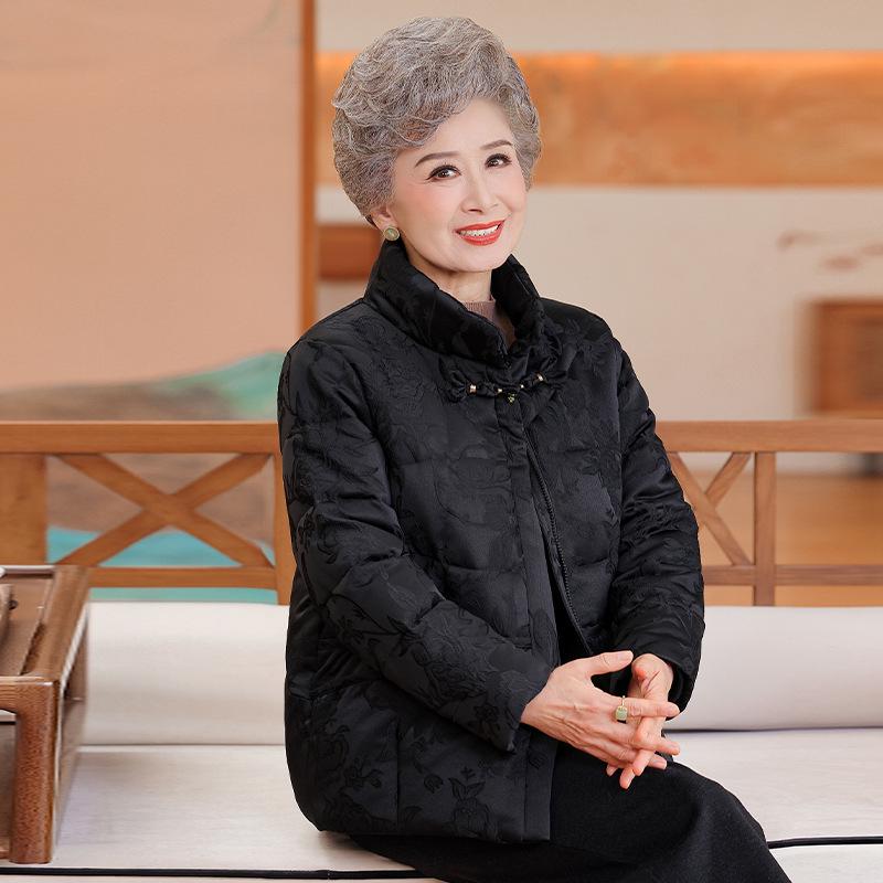 Elegant Winter White Duck Down Jacket for Middle-Aged & Elderly Women - Short, Chinese Style