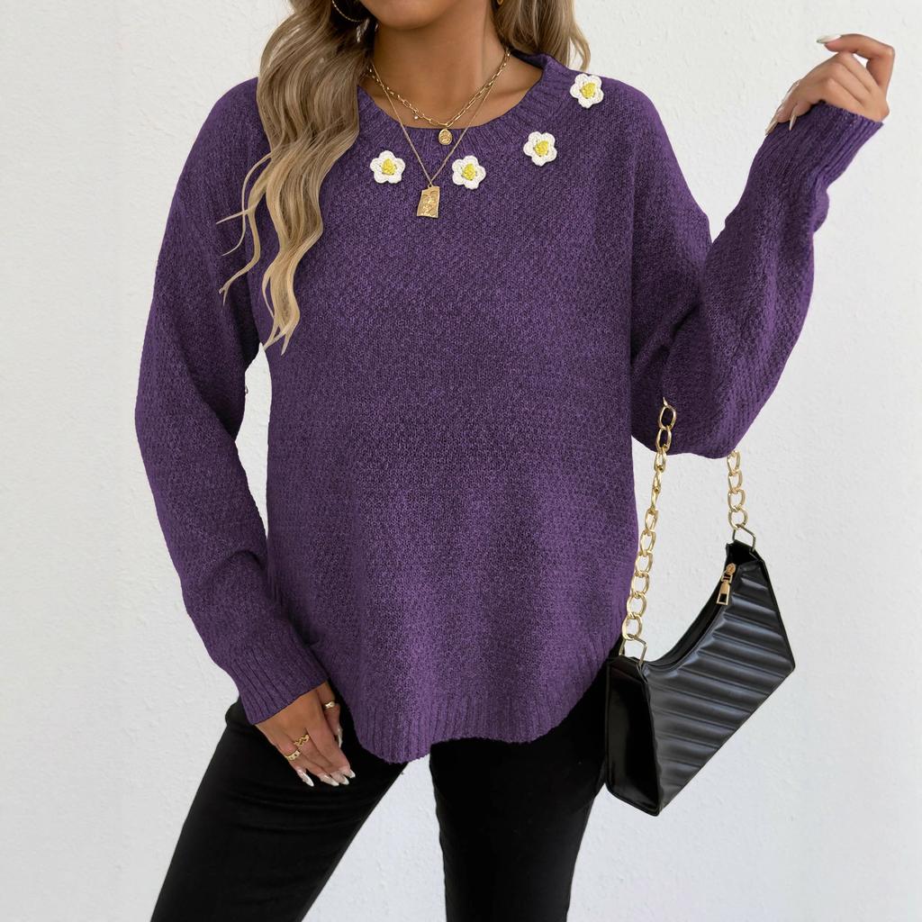 New Autumn and Winter Pullover Tops for Women, Hand-hooked Flower Patchwork Round Neck Comfortable and Casual Sweater