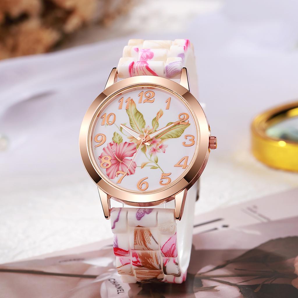 3 Stück/Set Damen Silikon Bedruckte Uhr Mode Lässig Personalisiert mit Floralem Zifferblatt Klassisch Trendige Quarz Uhr Kombinationsset