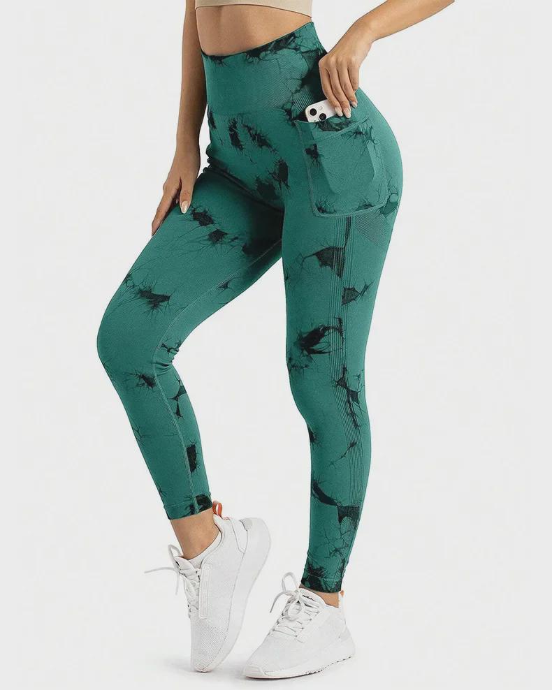Damskie spodnie do jogi tie-dye z kieszeniami bocznymi – unoszące biodra sportowe ubrania