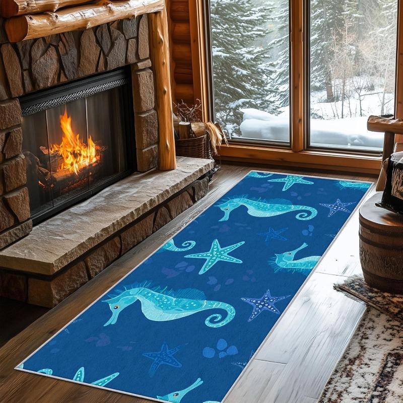 Koberec Běžec s Potiskem Mořského Koníka Kreslený Vzor Mořské Hvězdice Mořského Koníka Chobotnice Koberec s Oceánskou Tématikou Protiskluzová Podložka na Podlahu do Chodby ke Dveřím
