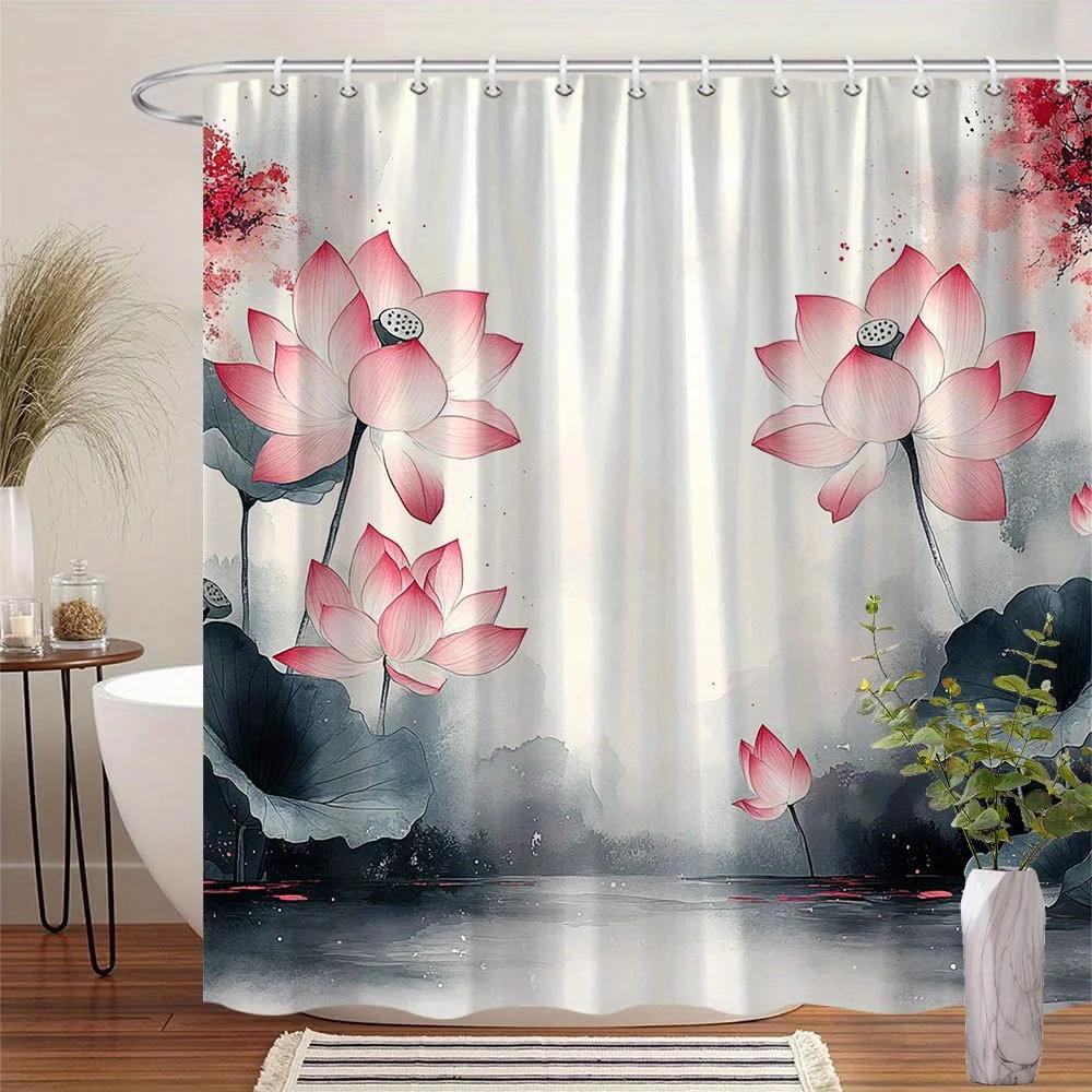 Tranquil Pink Lotus Watercolor Shower Curtain - Serene East Asian Design, Misty Landscape, 12 Hooks, Calming Bath Decor