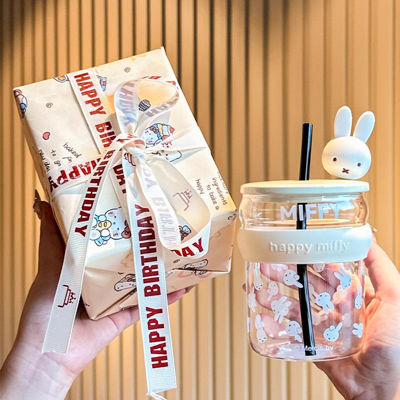 Süße hochwertige Glas-Wasserbecher für Jungen und Mädchen, hochwertige Trinkbecher mit Deckel und Strohhalm, Geburtstagsgeschenk