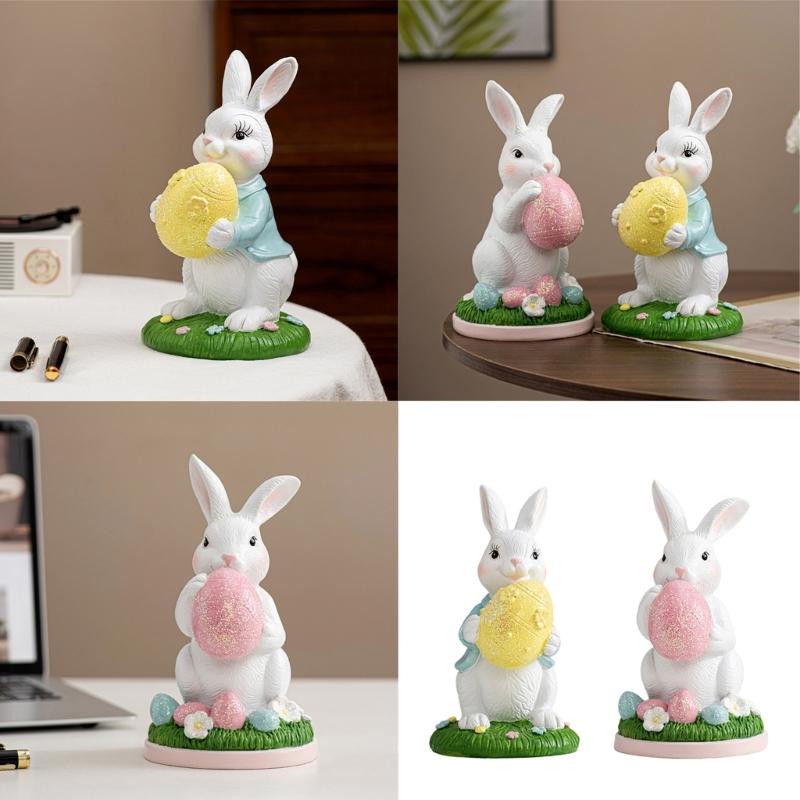 Handcrafts Resins Easters Bunnies Holding Eggs Decoration Cute Rabbit Figurine with Lawn Base for Home and Office Decors