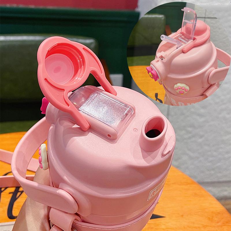 Updated Charming Double Drink Straw Thermo Water Bottle With Insulation Leather Case Kids Student Lightweight Coffee Bubble Tea Thermal Cup