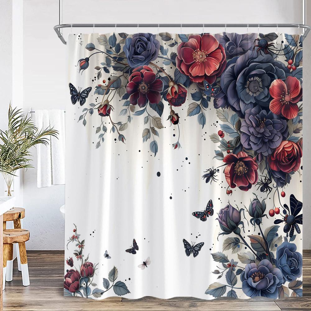 Butterfly Floral Shower Curtain Boho Flower Poppy Purple Blossom 3D Flowers Elegant Modern Bathroom Decor Polyester Bath Curtain
