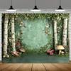 2D Whimsical Forest Birch Mushroom Tapestry Green Nature Scene Wall Art for Baby Shower