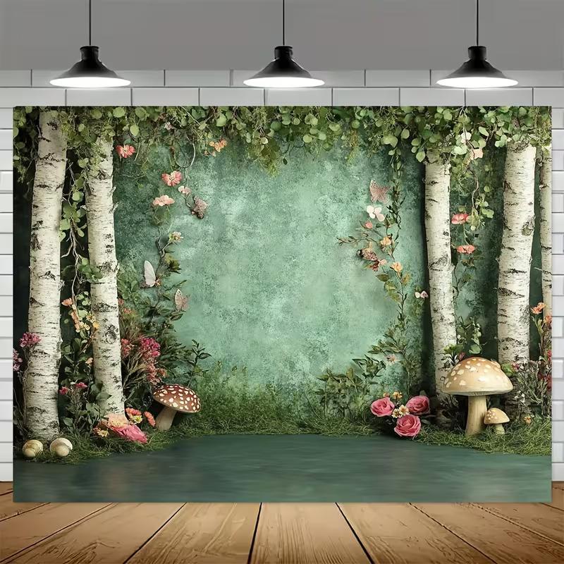 2D Whimsical Forest Birch Mushroom Tapestry Green Nature Scene Wall Art for Baby Shower