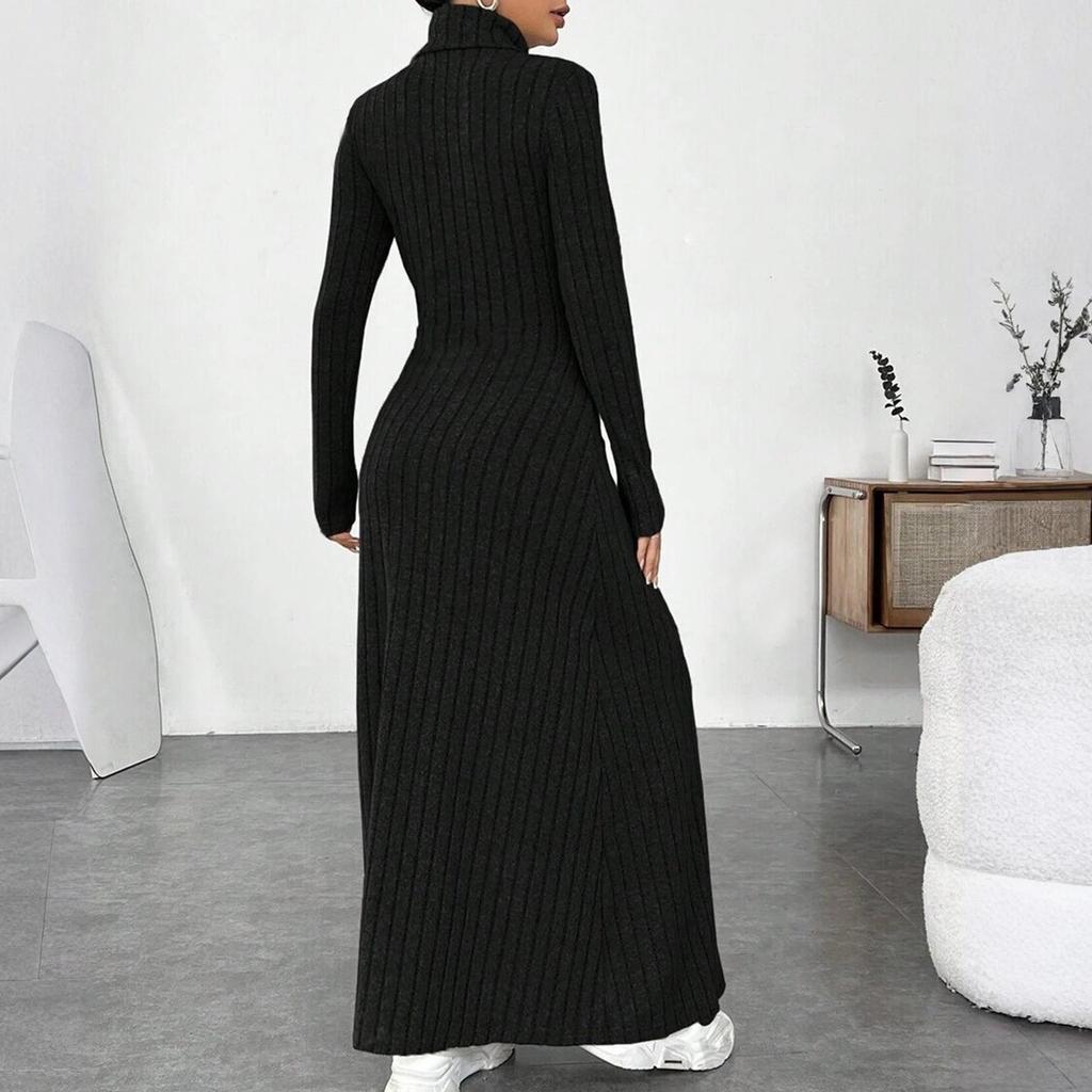 Ladies' Temperament Slim Fit High Neck Fashionable Solid Color Long Sleeved Dress