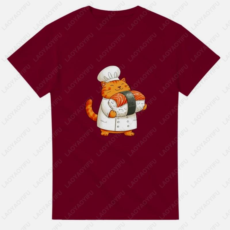 Sushi Cute Cat Unisex Adult Cotton TShirt Adorable Chef Kitten Funny Japanese Food Aesthetic Oneck Printed Tops Holiday Tee S