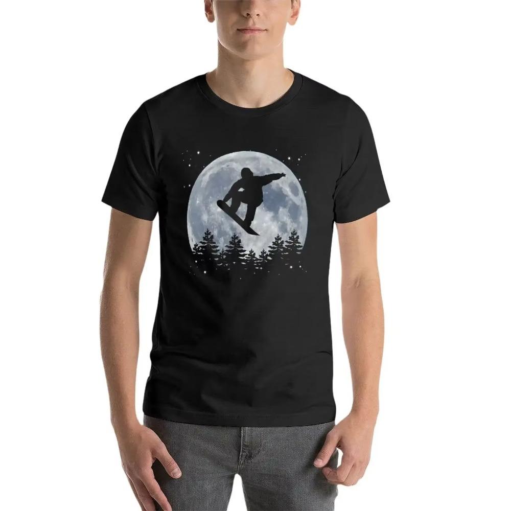 Camiseta de Snowboard Saltando Delante de la Luna Tallas Grandes de Secado Rápido Camisetas de Peso Pesado para Hombre